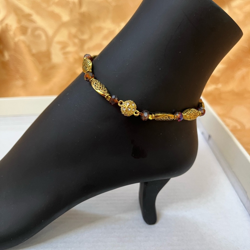 Elegant Magnetic Gold and Brown Beaded Anklet